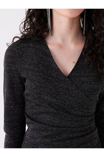 LC Waikiki LCW Casual Kruvaze Yaka Parlak Görünümlü Uzun Kollu Kadın Elbise