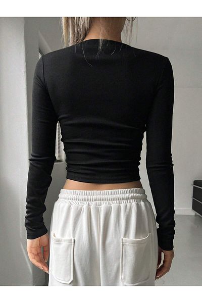 Bengi Clothing Μαύρη στάμπα - Μακρυμάνικη μπλούζα με ριμπ λαιμόκοψη