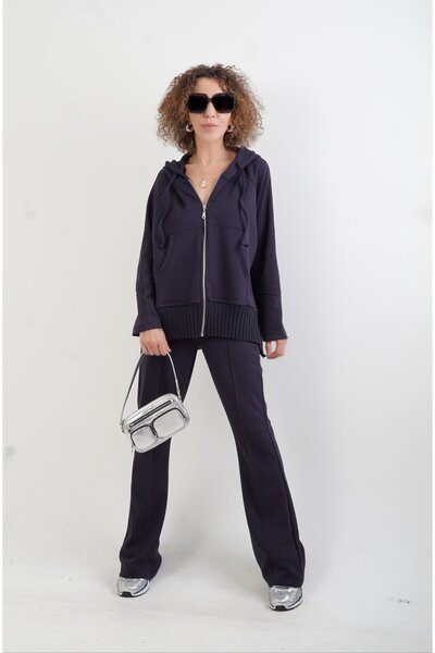 Zelish My Sister Set pantaloni hanorac modal albastru bleumarin cu fermoar