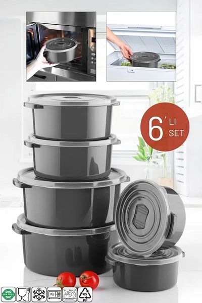 Open Home Concept Set of 6 Anthracite Round Storage Containers for Microwave and Freezer