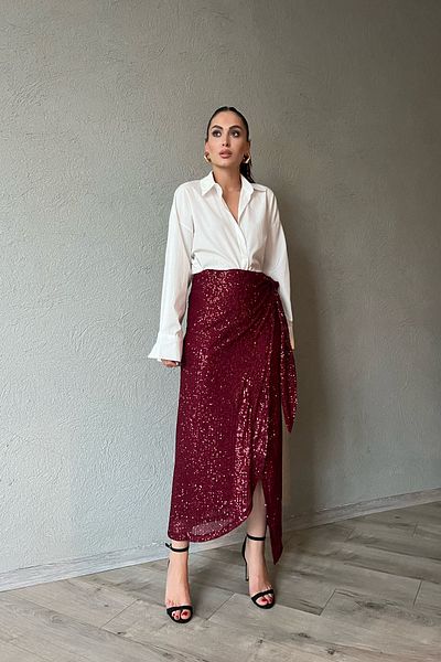 Seda Yalçın Atelier Burgundy Sequin Lacing Detailed Skirt
