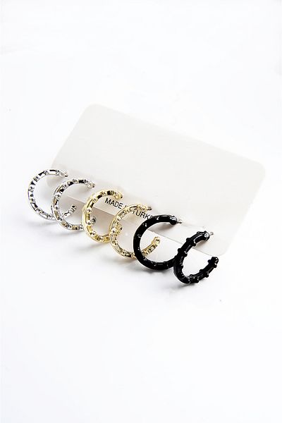 EUROMODA Set of 3 Earrings with Ring Design in Gold, Silver and Black Colors