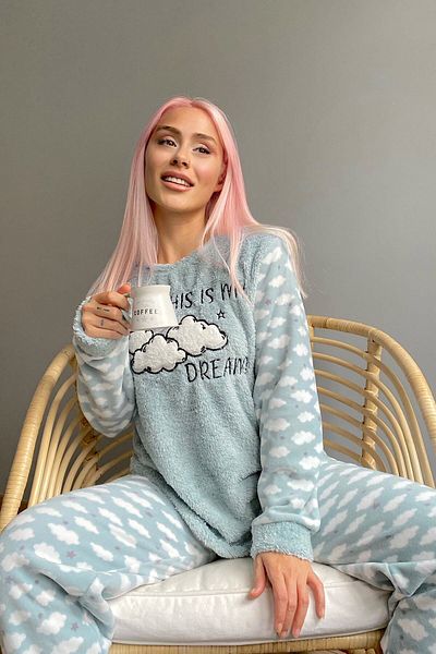 Pijamaevi Mint Green Moon Cloud Patterned Women's Plush Pajama Set