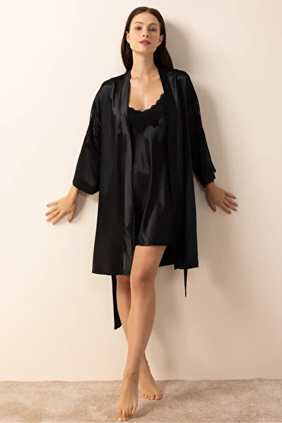 AYYILDIZ 3982 Black Satin Dressing Gown Nightgown Set