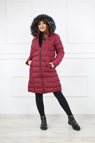 S&V TEKSTİL Women's Burgundy Puffer Long Coat Coat Trend