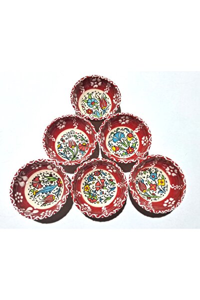 PUFFIN Çini Seramik El Yapımı Seramik 6'lı Kase Takım (KIRMIZI)