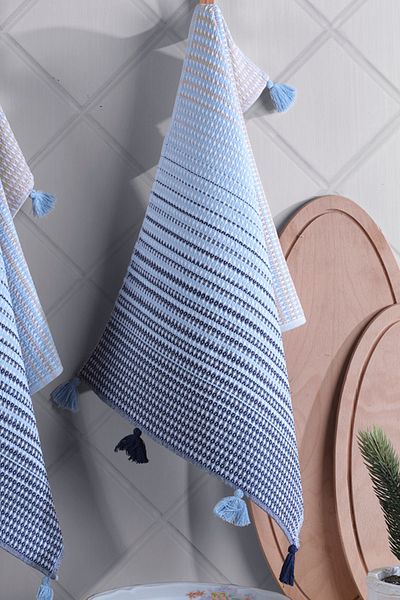 Lux Touch Blue Eva Pompom Prosoape de bucătărie din 2 piese - Set cârpe de uscare 40x60 cm, bumbac