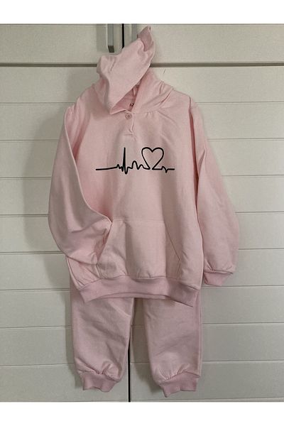 Aziz Bebe Girl's Hooded and Kangaroo Pocket Detailed Tracksuit Set with Ribbon on the inside