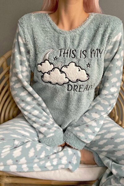 Pijamaevi Mint Green Moon Cloud Patterned Women's Plush Pajama Set