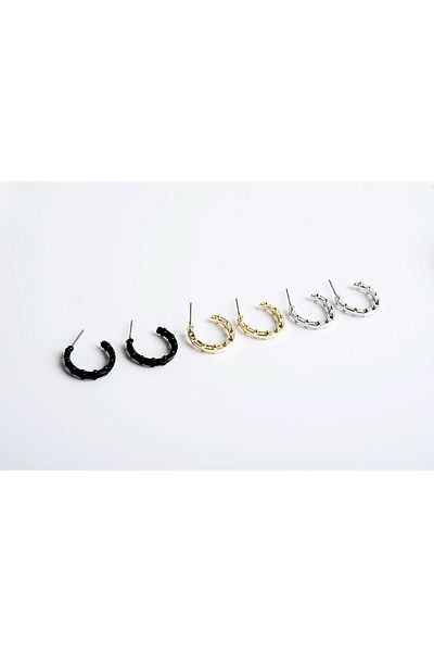 EUROMODA Set of 3 Earrings with Ring Design in Gold, Silver and Black Colors
