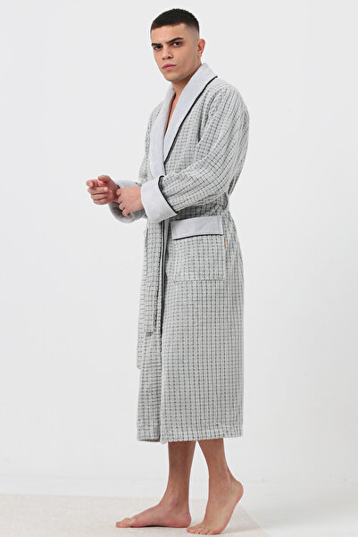 Nuşa Collar Plain Pitikare Patterned Bambo Cotton Men's Bathrobe