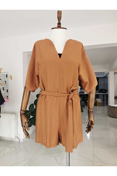 Gala Atelier kırışmayan terletmeyen kumaş kısa bol tulum v yaka fermuar kapam...