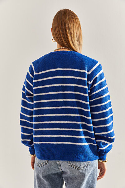 Bianco Lucci Women's Buttoned Collar Turtleneck Striped Knitwear Sweater