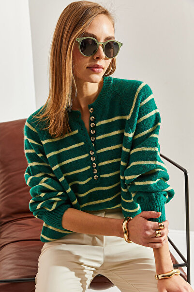 Bianco Lucci Γυναικείο πλεκτό πουλόβερ με γιακά με κουμπιά με ρίγες