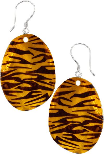 Tesbih Atölyesi Certified Leopard Pattern Oval Orange Colored Mother of Pearl Stone Earrings