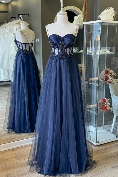 Lenta Moda Lacivert Transparan Kristal İşlemeli Dantel Detaylı Simli Abiye Ve...