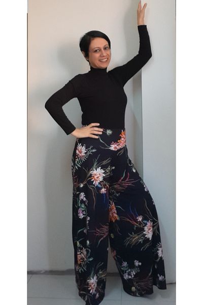 Mertcan Butik Black floral Elastic Waist wide leg steel knitted pants skirt