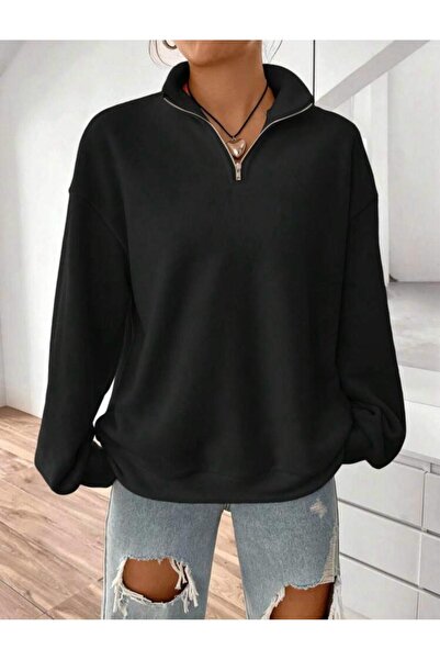 FAVORİST Černá mikina s vysokým límečkem na poloviční zip