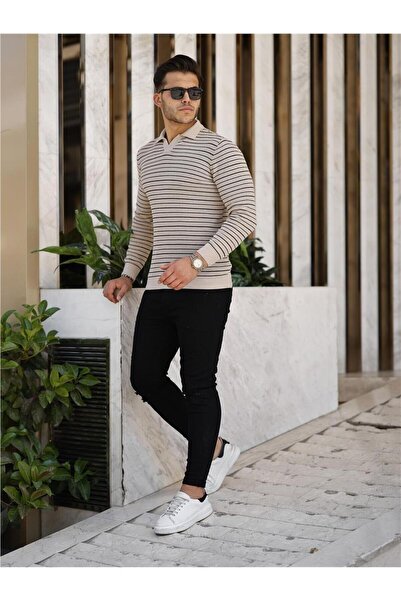 COOL TARZ Πλεκτό πουλόβερ με ριγέ πόλο λαιμόκοψη Mink