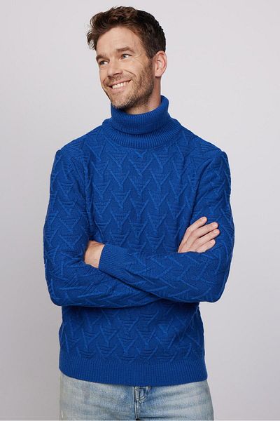 Tudors Тъмносин трикотажен мъжки пуловер Slim Fit с пълна яка и шарки