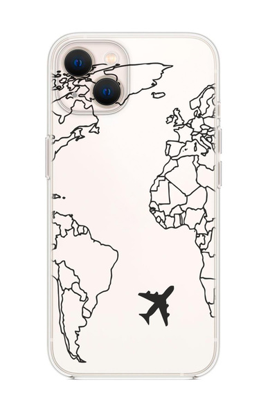 mooodcase Iphone 14 Uyumlu World Map Lines Desenli Şeffaf Silikonlu Telefon Kılıfı