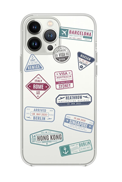 mooodcase Iphone 14 Pro Max Uyumlu Seyahat Pulu Desenli Şeffaf Silikonlu Telefon Kılıfı