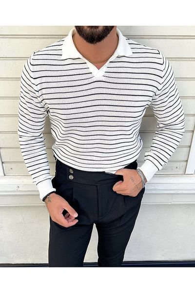 COOL TARZ Striped Polo Neck Knitwear Sweater White