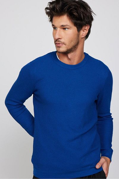 Tudors Pulover pentru bărbați, slim fit, cu decolteu, cu model Saks, tricotaj albastru
