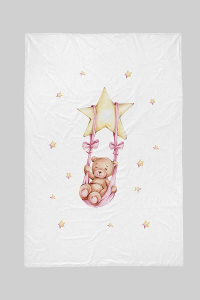 Tuğba Kuğu Printed Flat Sheet 180x240 - Iconic Series - Grizzly Bear Swinging on the Star Pink
