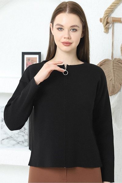 VEGENZE Cardigan tricot cu fermoar din oțel negru pentru femei