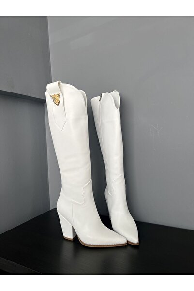 AYAKKABI PRENSİ Rixos Buckle Detailed White Matte 9 cm Γυναικείες Μπότες, Μπότες με τακούνι