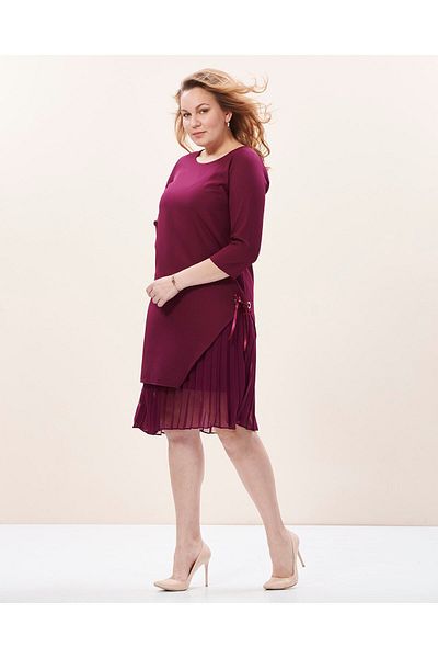 Even Plus Size - Büyük Beden Kadın Giyim Plus Size Dress with Plum Side Pleat Detail