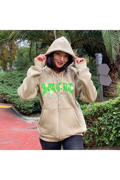 Gofeel Beige Trouble Star Zippered (UNİSEX) Hoodie