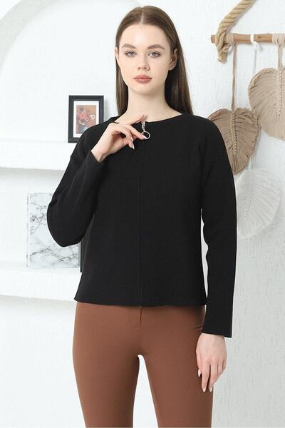 VEGENZE Women's Black Steel Knit Zipper Knitwear Cardigan