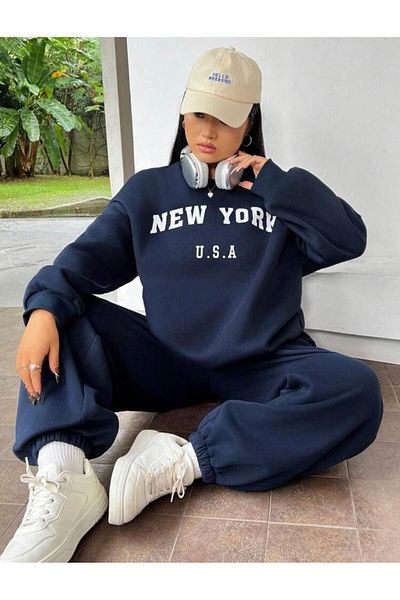 My Blog Hanorac oversize cu imprimeu albastru bleumarin New York U.S.A