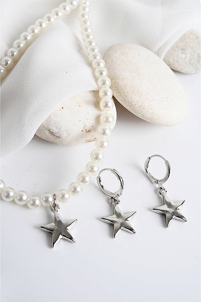 EUROMODA Star Design Pearl Stone Necklace Earrings Set