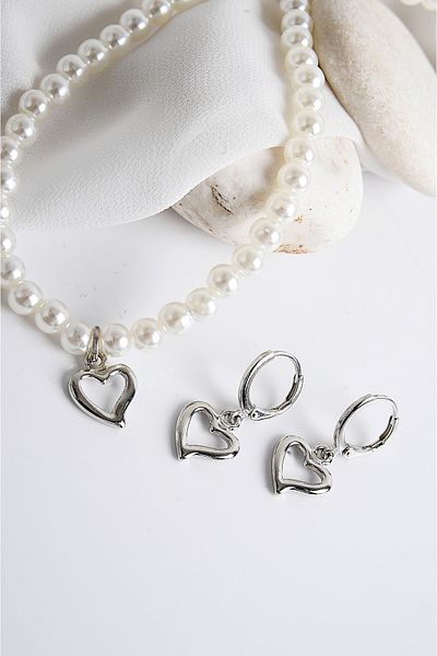 EUROMODA Heart Design Pearl Stone Necklace Earring Set