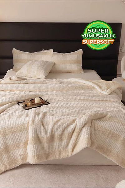 Evlen Home Collection Двустранна (лицева) пухена завивка с пълнеж от плюш, меко покривало Wellsoft Комплект от 3 части Aura Cream