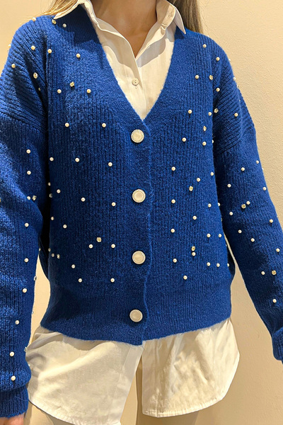 GÜLSELİ Sax Blue Women's Pearl and Stone Knitwear Cardigan