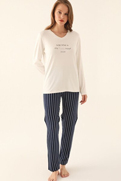 Pierre Cardin PİERRE CARDİN COTTON LONG SLEEVE WOMEN'S PAJAMA SET WRITTEN PATTERN