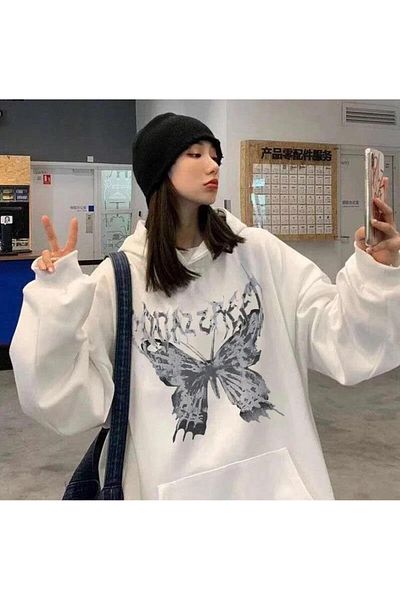 Touz Moda Φούτερ Harajuku Butterfly Oversize Unisex με λευκή κουκούλα με κουκούλα