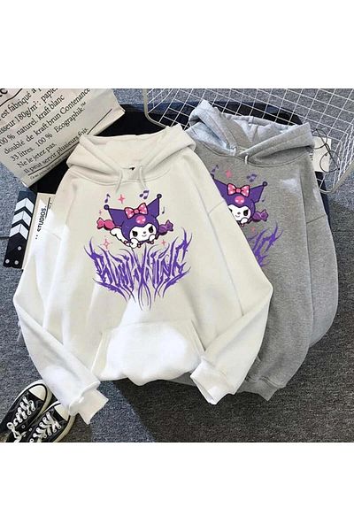 Touz Moda Φούτερ Harajuku Kuromi Oversize Unisex με λευκή κουκούλα με κουκούλα