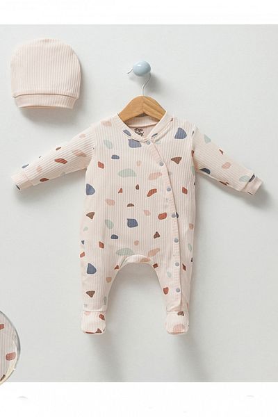 miniyou Baby Stone Patterned Newborn Cotton Hospital Release Jumpsuit with Single Snap Fastener Booties my-1020ey