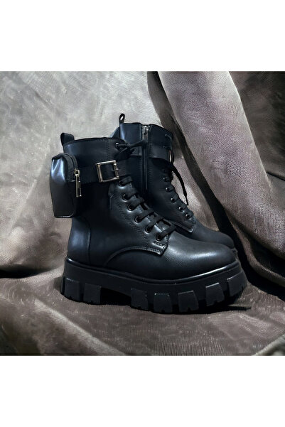 Mağaza Dünyası Kadın Siyah Bot Içi Yünlü Su Geçirmez Kauçuk Tabanlı Yandan Çıkartmalı Cepli
