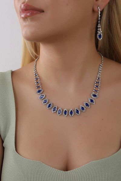 HUBANN Design Waterway Blue Shuttle Stone Necklace Earring Set Multi Stone Bridal Jewelry Set Engagement Set Party Invitation Set