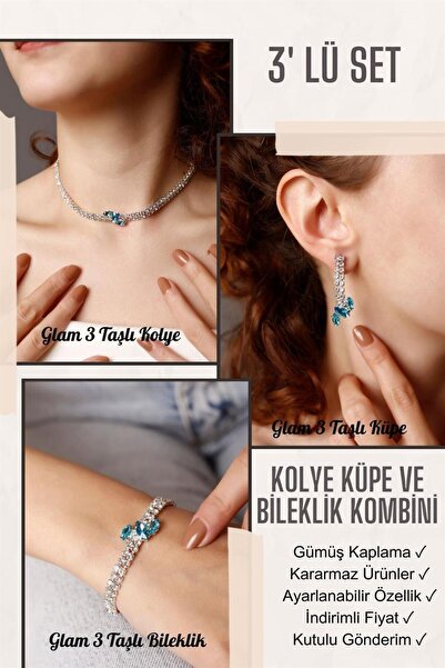 HUBANN Gümüş Kaplama Turkuaz Taşlı Glam 3' lü Set Su Yolu Kolye, Bileklik ve ...