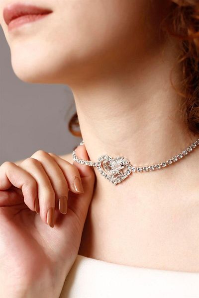 HUBANN Silver Color Stone Heart Patterned 3 Piece Set Waterway Necklace, Earrings and Bracelet Stone Stylish Set
