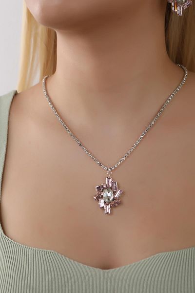 HUBANN Geometric Waterway Pink Rhinestone Multi-Stone Jewelry Set Rhinestone Design Necklace Earrings Set