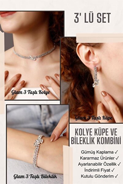 HUBANN Gümüş Kaplama Silver Taşlı Glam 3' lü Set Su Yolu Kolye, Bileklik ve K...