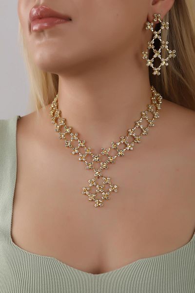 HUBANN Waterway Square Pattern Special Design Jewelery Set Necklace Earring Bracelet Set 3 Piece Gold Color